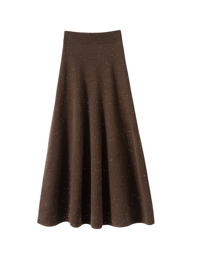 Mezza abito a trapezio scintillante da donna autunno inverno stile francese rilassato 100% cashmere elegante elastico in vita