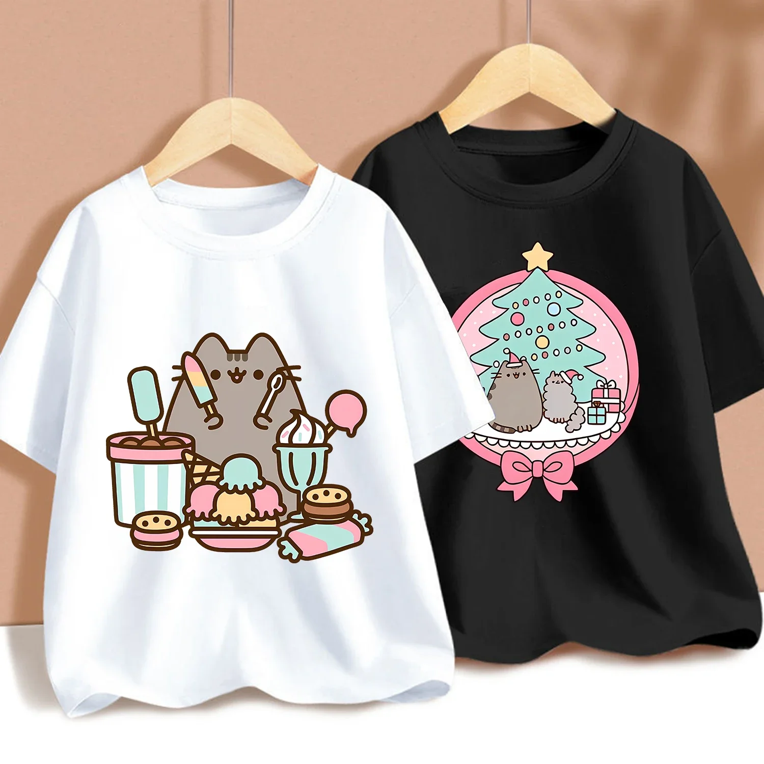 Pusheen Cat Children's T-shirt Cotton Cute Cartoon Character Black White T-shirt Cute Short Sleeve Boy Girl Loose Clothing Gift