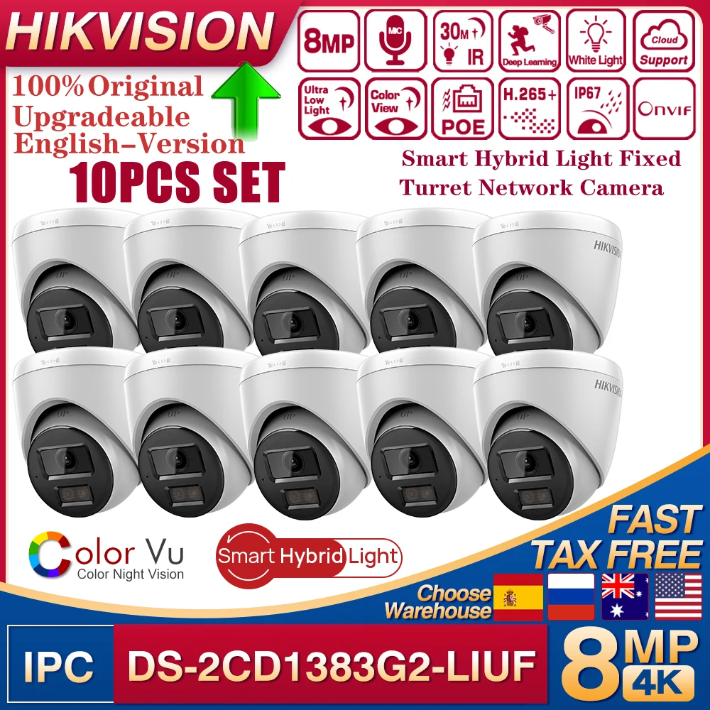 

10PCS Hikvision DS-2CD1383G2-LIUF 4K 8MP Smart Hybrid Light Fixed Turret Network Camera Support Human and Vehicle Detection