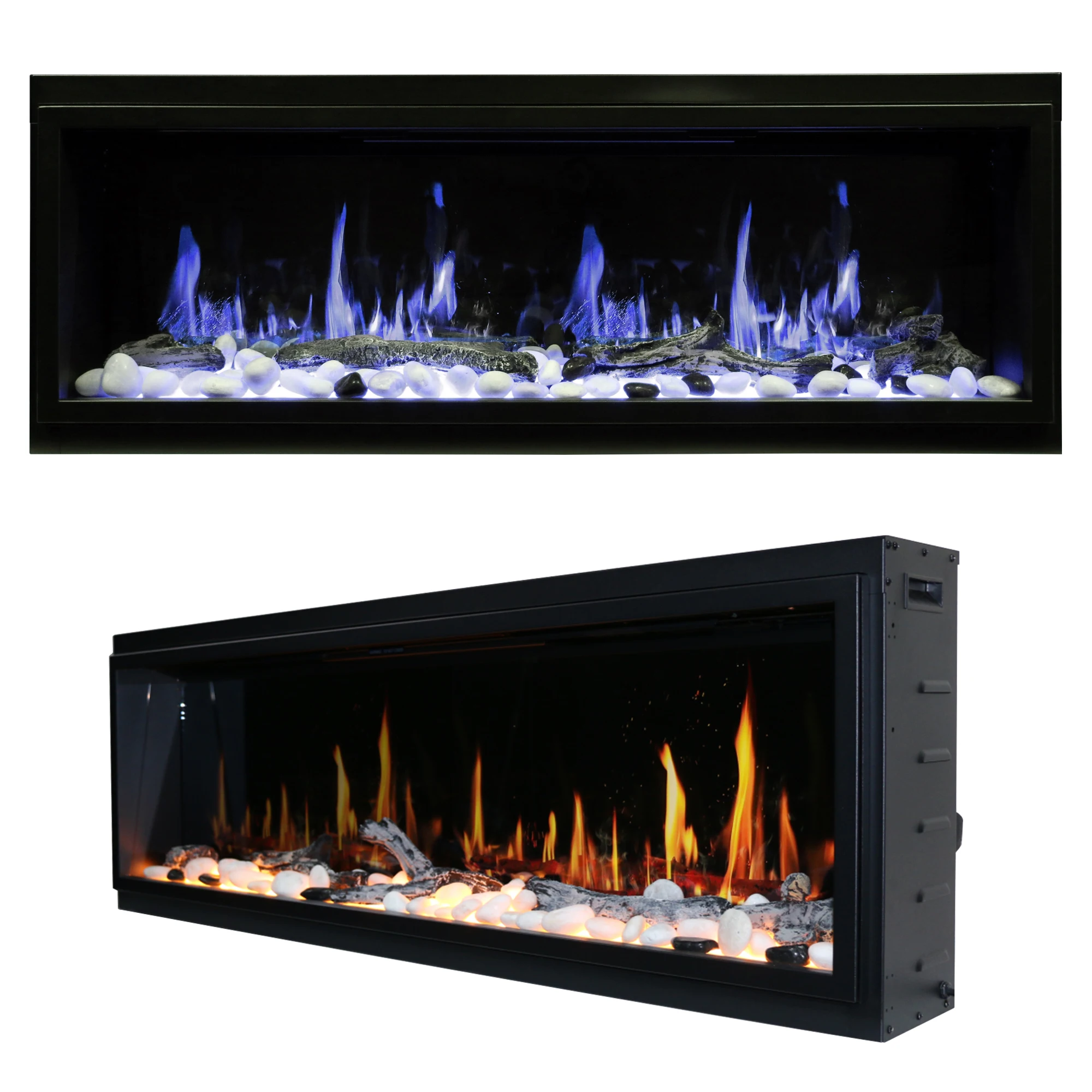 Modern LCD Electric Fireplace 60-Color Flame Ember Bed Adjustable Sound Thick Metal Body Realistic Flames Built-in For Home