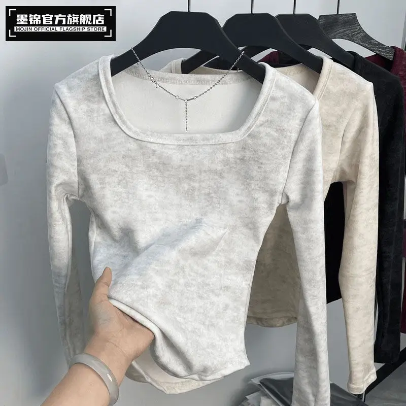 

Square Collar German Velvet Bottoming Shirt for Women Autumn Winter 2025 New Popular Tie-dye Slim Fit Warm Inner Top