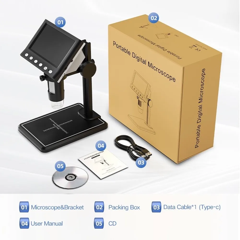 Digital Microscope 4.3 Inch HD 1080P 50X-1000X Magnification With 8 LED Lights USB PC Connection For Mobile Phone Repair