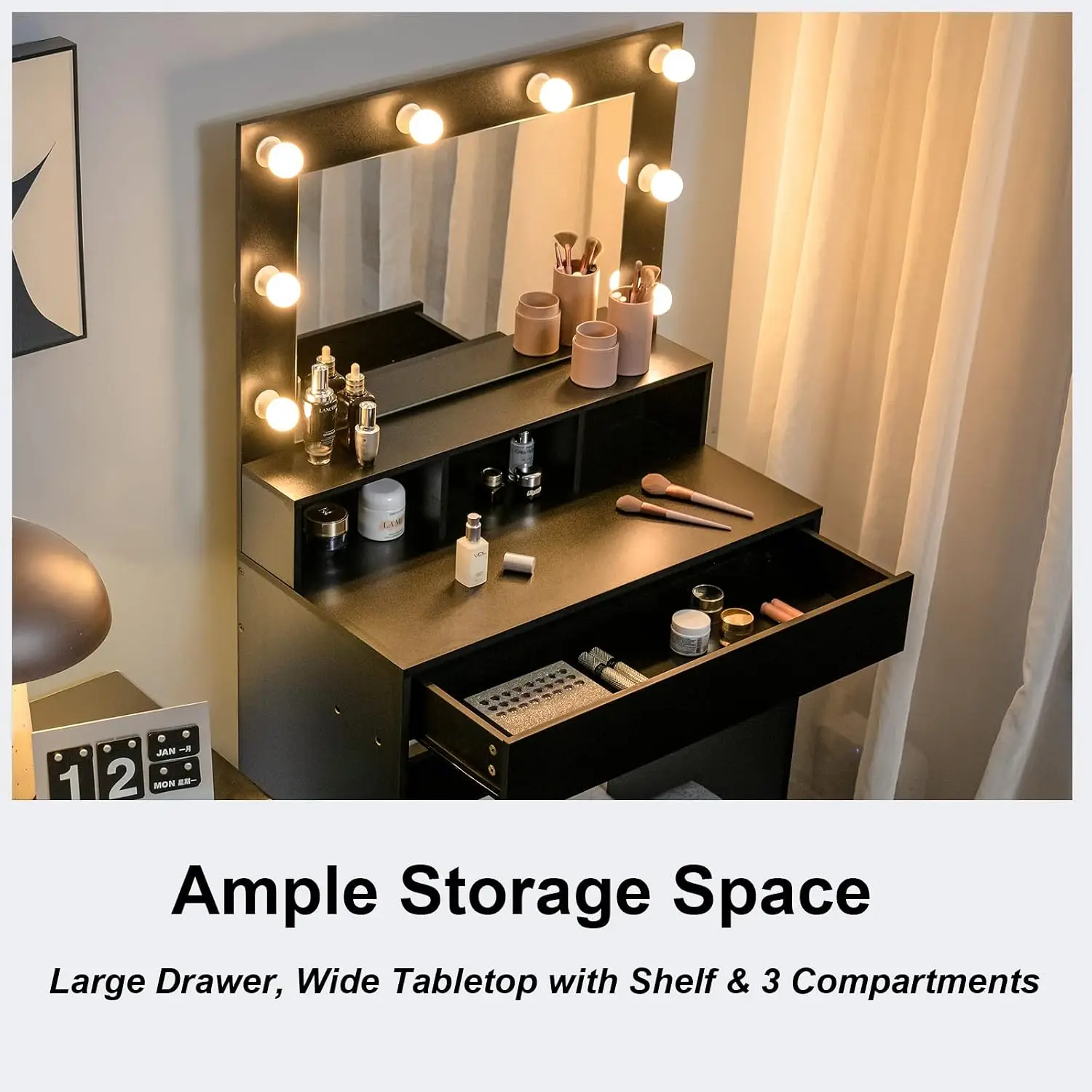 CHARMAID Vanity Table Set with Lighted Mirror, 8 Bulbs, Large Drawer, Tabletop Storage Shelf, Modern Bedroom Vanity Desk Makeup