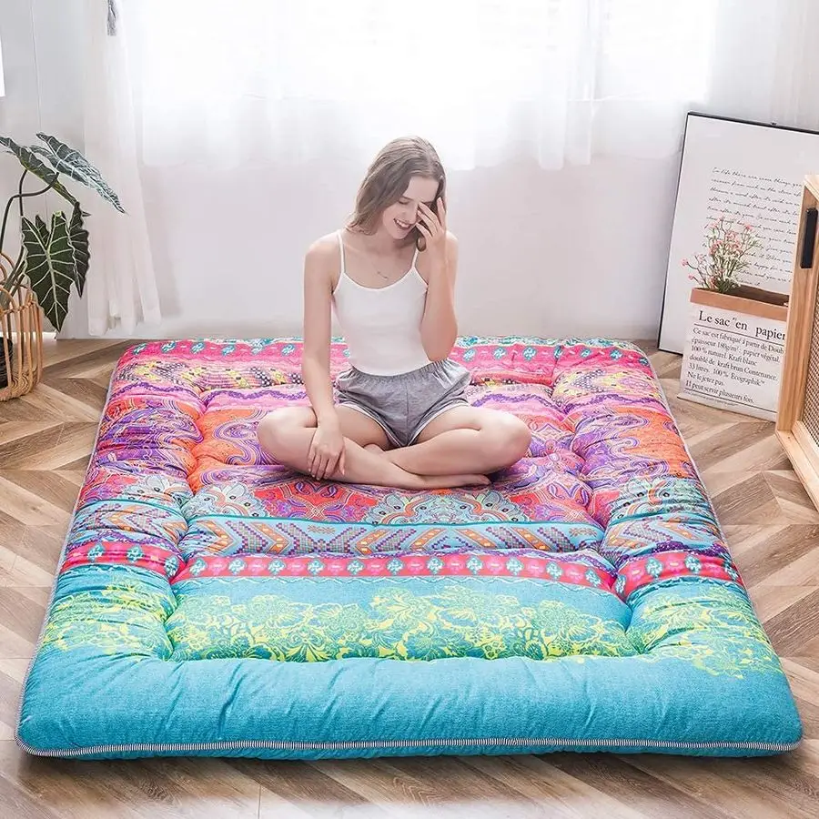 

Bohemian Retro Mattress Boho Floral Style Japanese Futon Mattress Tatami Floor Mat Foldable Lounger Portable Camping Sleeping Pa