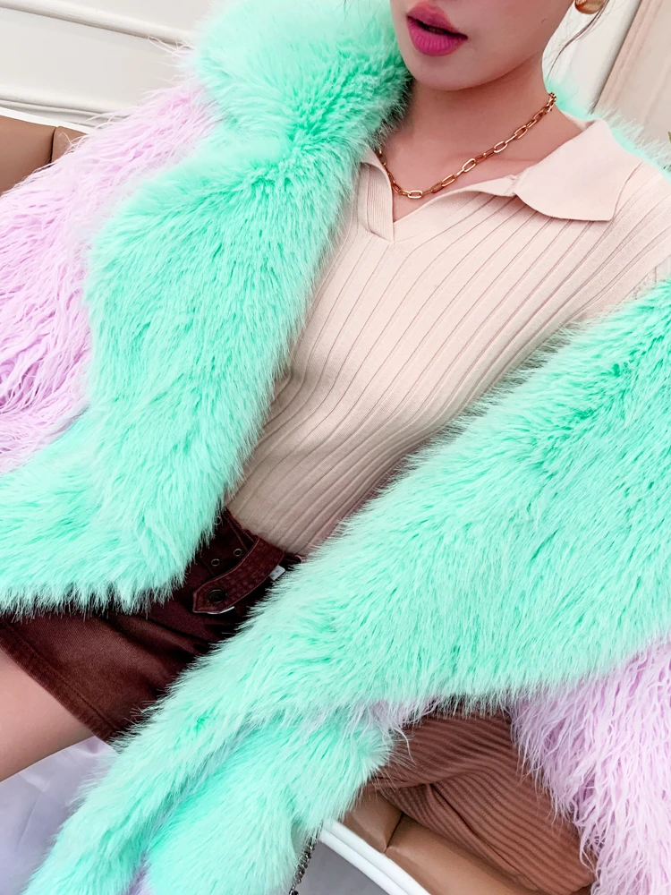 Original Design Female Fashion Pink Faux Fur Coat Lapel Long Jacket Lady Shaggy Outerwear  Women\'s Winter Coats Promotion