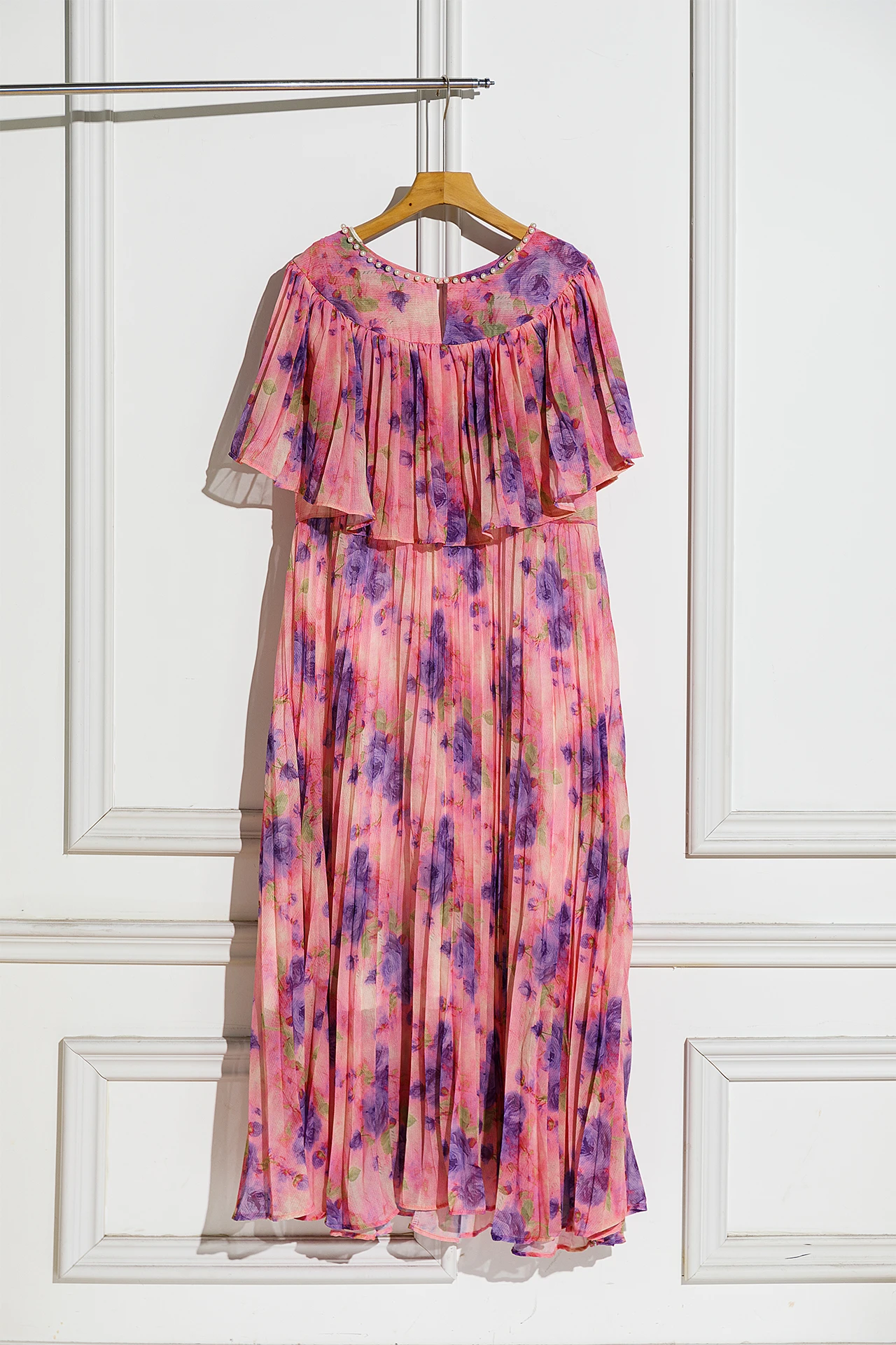 Vestido con estampado bohemio y manga de hoja de loto con cuello redondo y cuentas, vestidos largos plisados ajustados con cintura de lujo francesa, vestido de vacaciones de verano para mujer