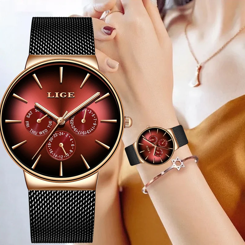 

Элегантные женские кварцевые часы LIGE: роскошные, простые, ультратонкие, с сетчатым стальным ремешком, водонепроницаемые, повседневные, в подарок для женщин