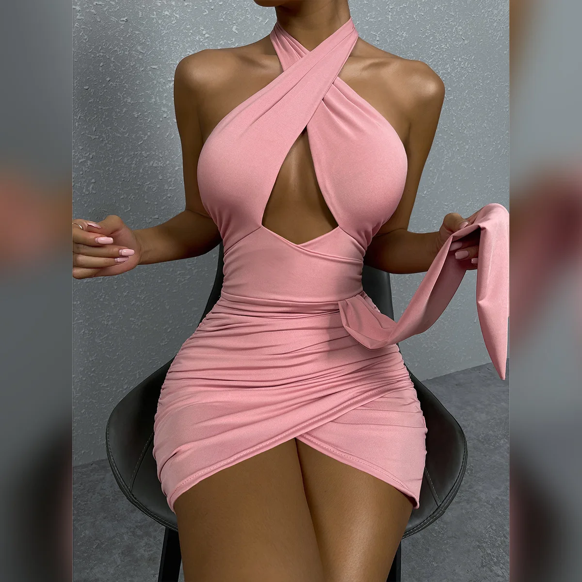 Summer Sexy Halter Cross Night Club Dress for Women Backless Cut-out Pleated Mini Party Dress Sleeveless Buttocks Bodycon Dress