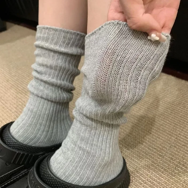 Women Socks Solid Color Knitted Long Tube Socks Black and White Gray Lazy Style Versatile Socks