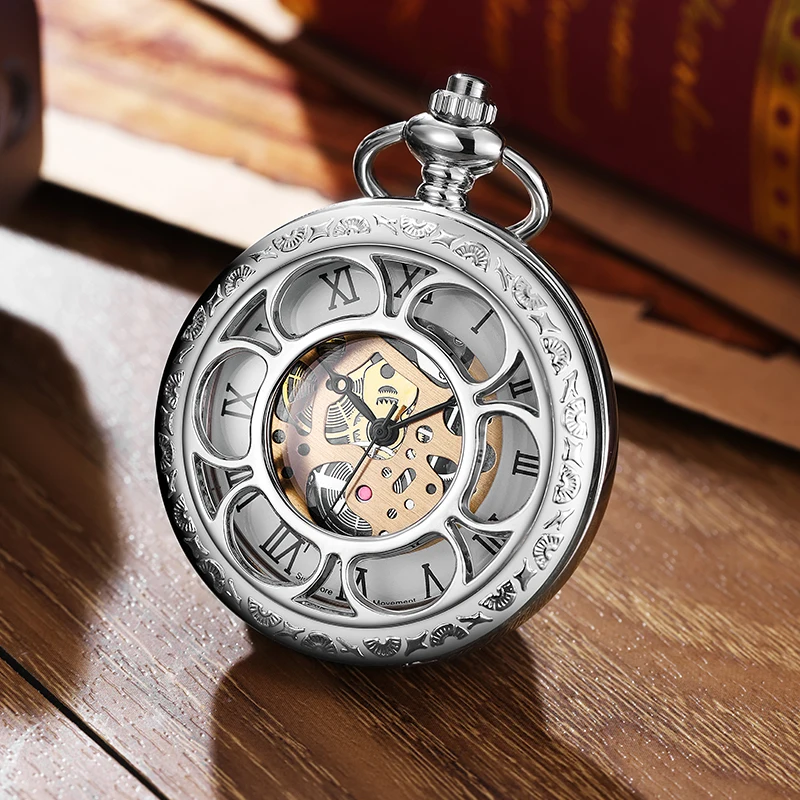 Round-fingered quartz pocket watch large fashion unique gold skeleton sunflower flip design with thickened chain suitable for al