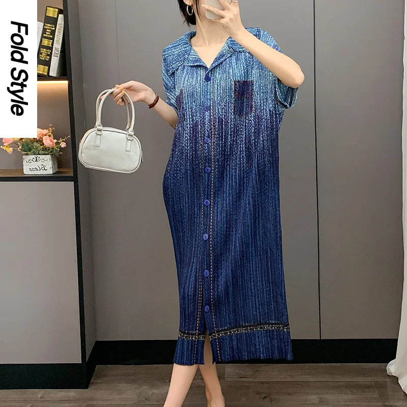 

Miyake плиссированное платье из искусственного денима, женская осенняя плиссированная юбка 2025, облегающая плиссированная юбка среднего и длинного размера с короткими рукавами