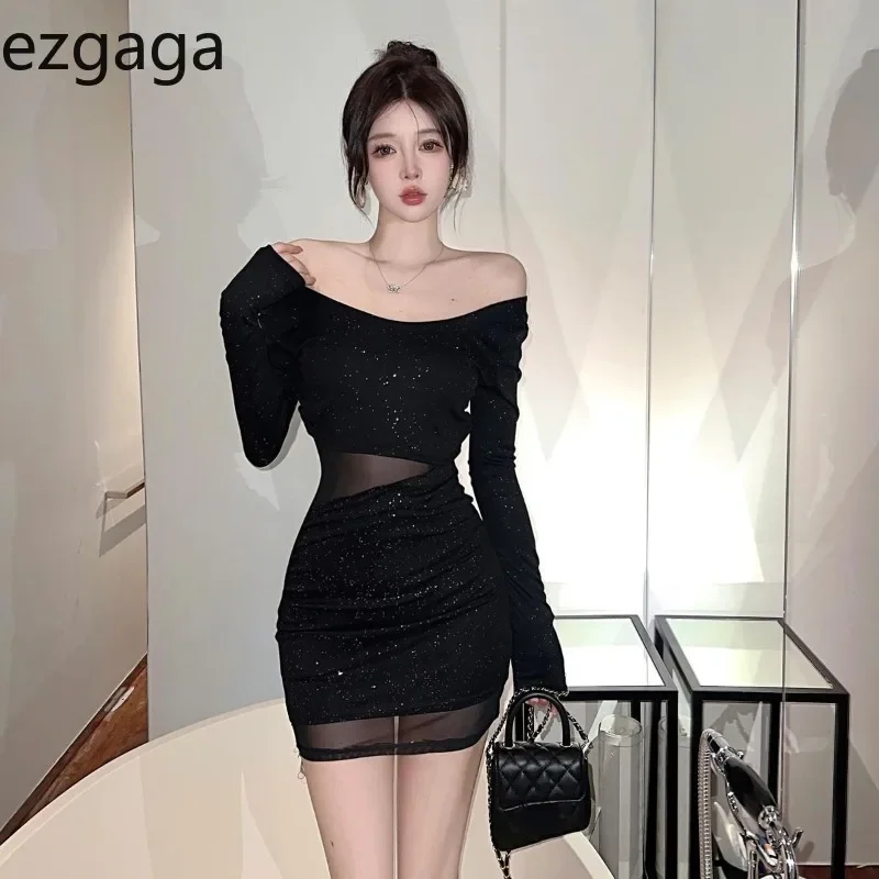 Ezgaga Sexy Dresses Women Slash Neck Mesh Patchwork Long Sleeve Black Slim Stretch Elegant Dress Ladies Party Clubwear