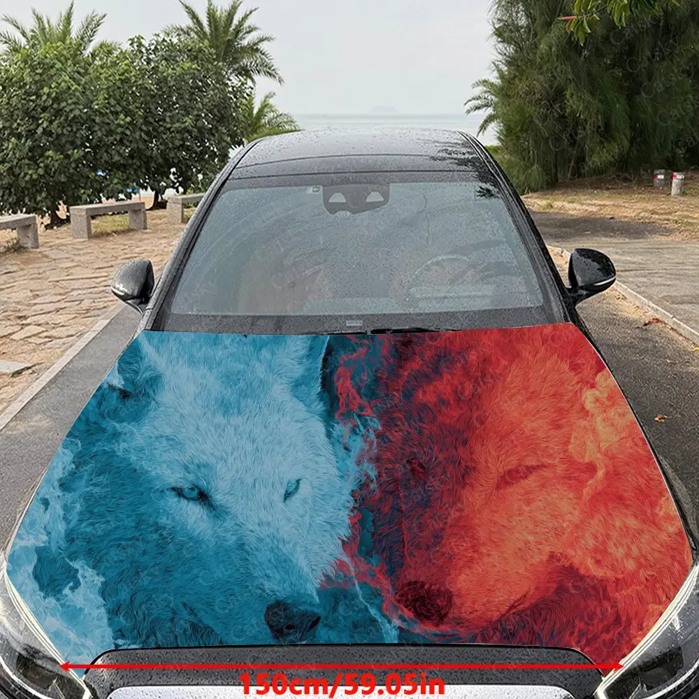ملصق سيارة على شكل ذئاب باللونين الأزرق والأحمر مع فيوجن فني نسيجي تجريدي، يخلق رؤية قوطية ديناميكية وبرية #2