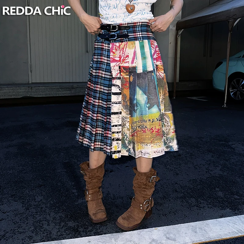

ReddaChic Women's Buckle Belt Plaid Skirt Punk Graffiti Button Down Low Waist Knee Long Pleated Skirt Aesthetic Retro Clothes