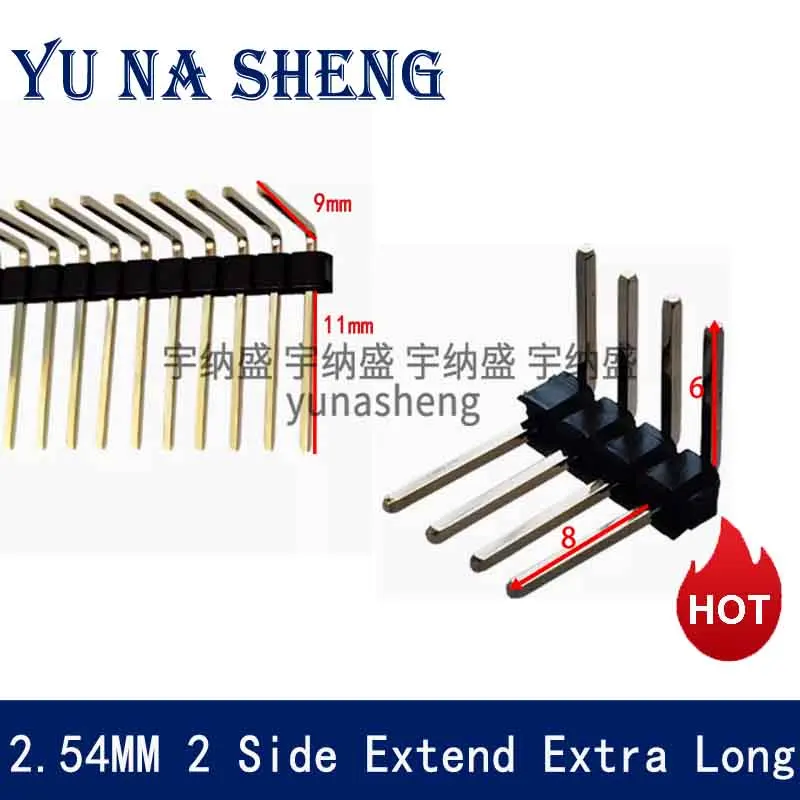 50pcs 2.54mm 1x40P Right Angle 2Side Extend Extra Long 90d PA 6mm PB 8mm 9mm 11mm Gold Plate Single Row PCB Male Pin Header