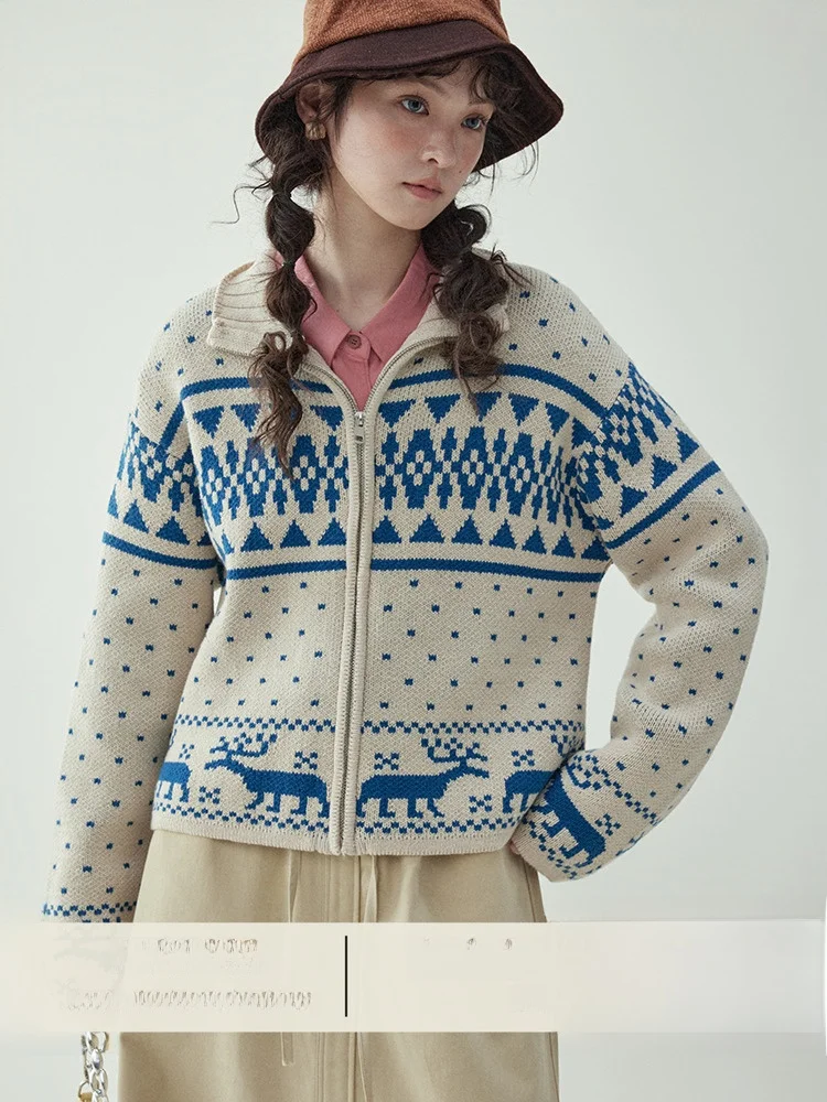 

AMUU оригинальный вязаный кардиган Fair Isle на молнии Ne, женский осенне-зимний модный дизайн, хлопковая смесь, верхняя одежда