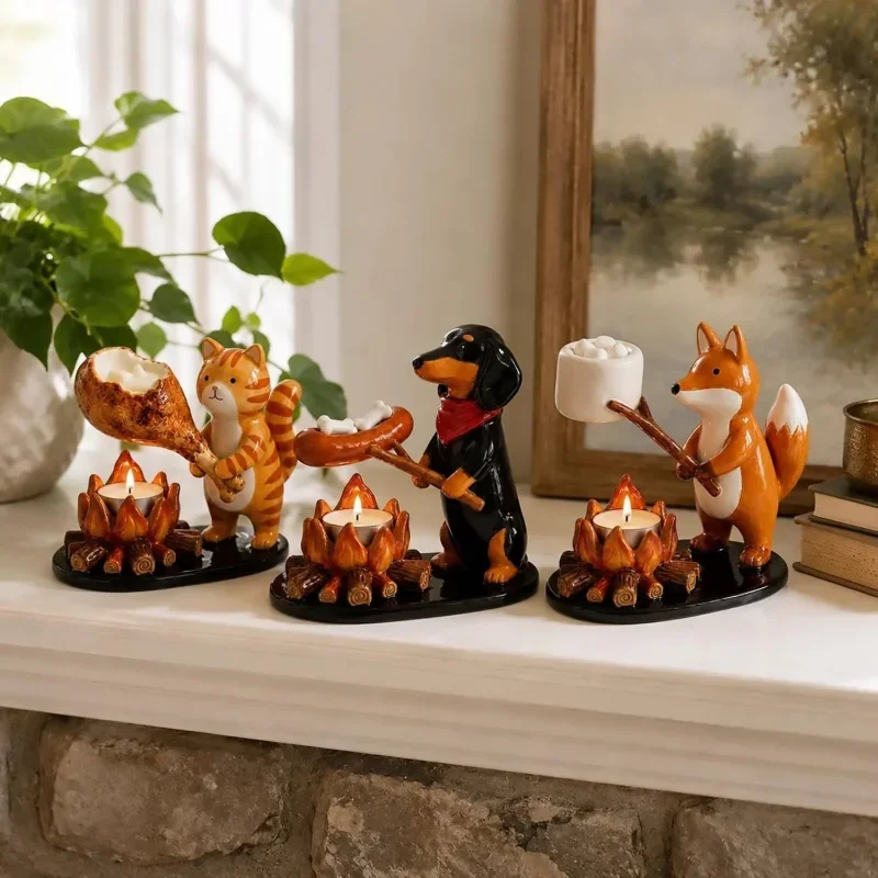 Campfire Animal Tea Light Stand Tealight Candle Holder Resin Animal Figurine Desktop Statue Ornament Table Decor Gift
