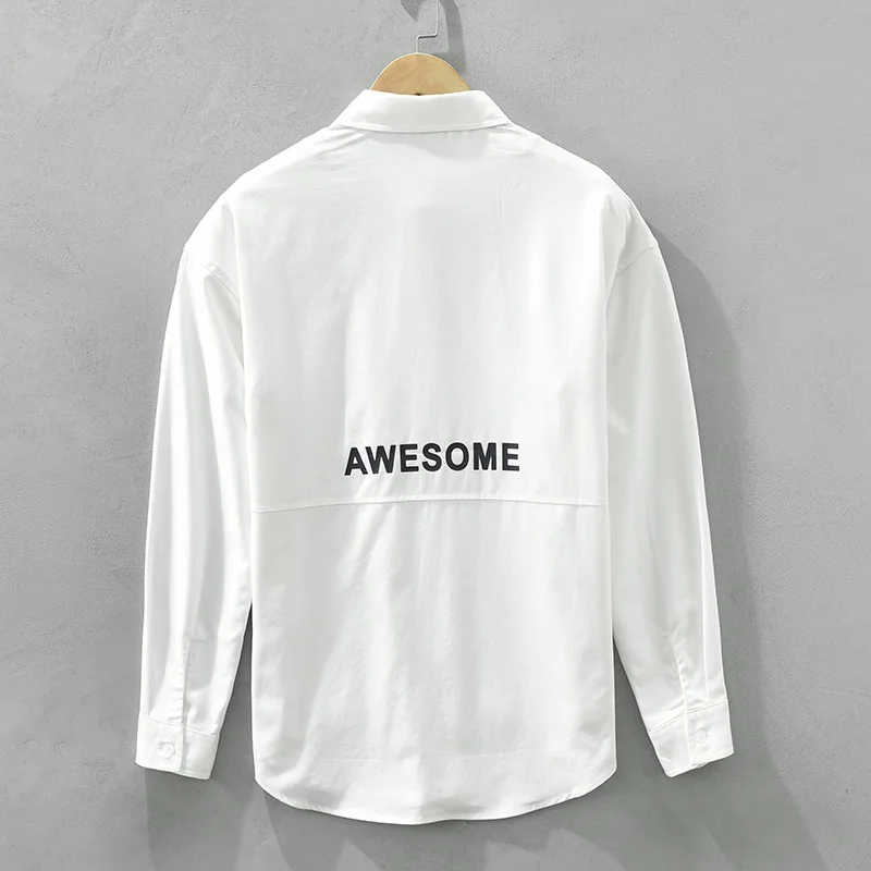 2191 Men White Shirt Japan Style Spring Fashion Long Sleeve Creative Pocket Chic Print Loose Casual Basic Blouse Teen Daily Tops