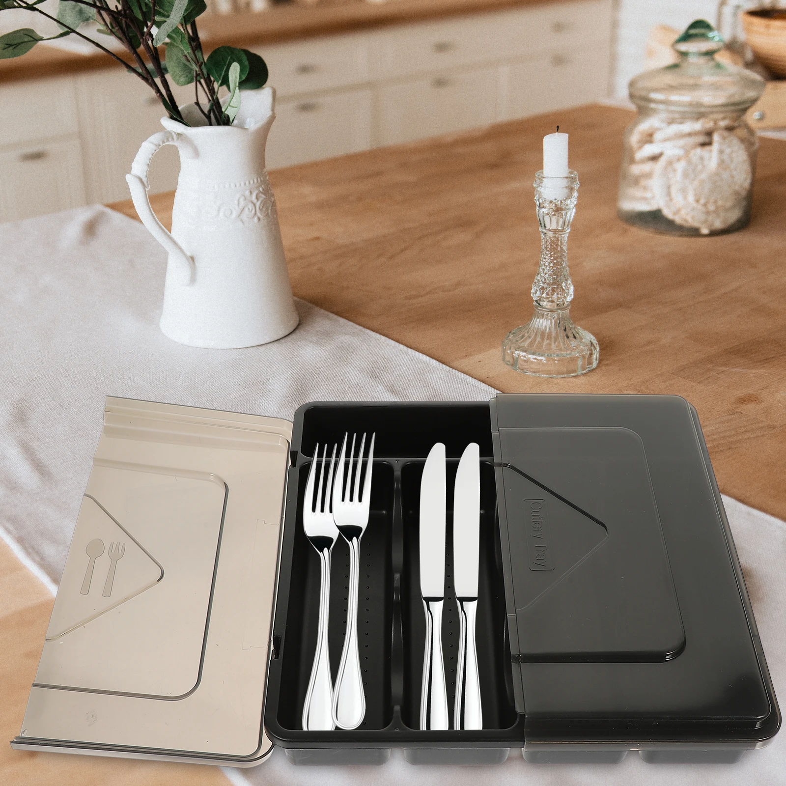 

Knife Fork Organizer with Lid PP Cutlery Tray Kitchen Drawer Kitchen Drawer Organizer Utensil Holder Silverware Box