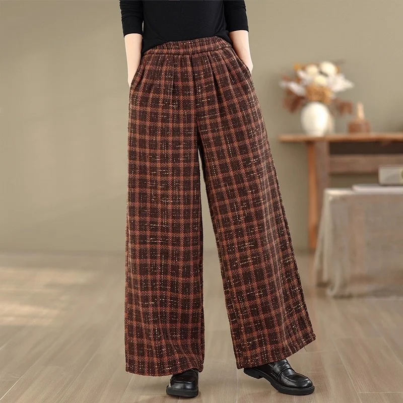 الرجعية منقوشة السراويل الصوفية النساء الخريف الشتاء ، حجم كبير فضفاض ومتعدد الاستخدامات مرونة الخصر ، الدافئة عادية واسعة الساق بنطلون w1692 #3