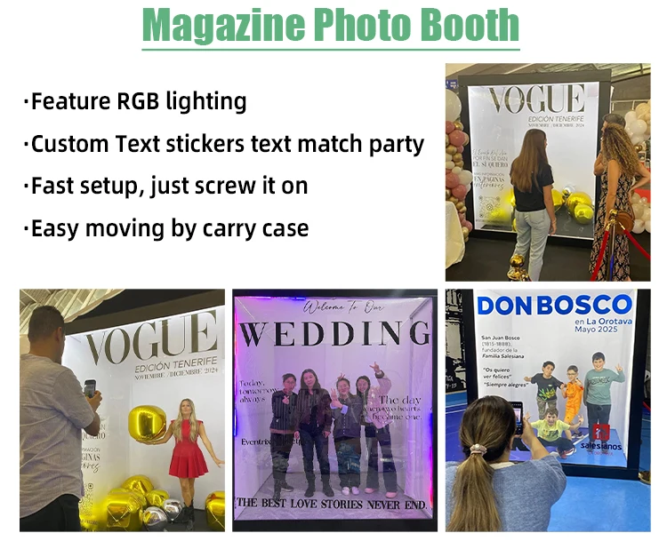 Portable black magazine photo booth box with 2 doors, can accommodate 1-7 people, suitable for event photography, easy to instal