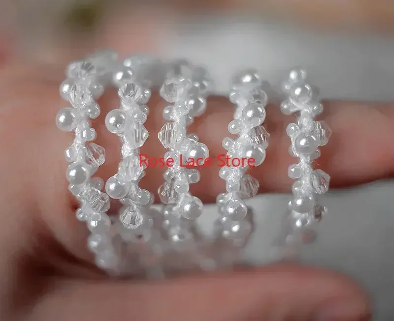 3 Yards Pearl lace trim, pearl ribbon, pearl beaded lace trim, beaded ribbon trim, bridal sash lace, neckline lace 0.19'' wide