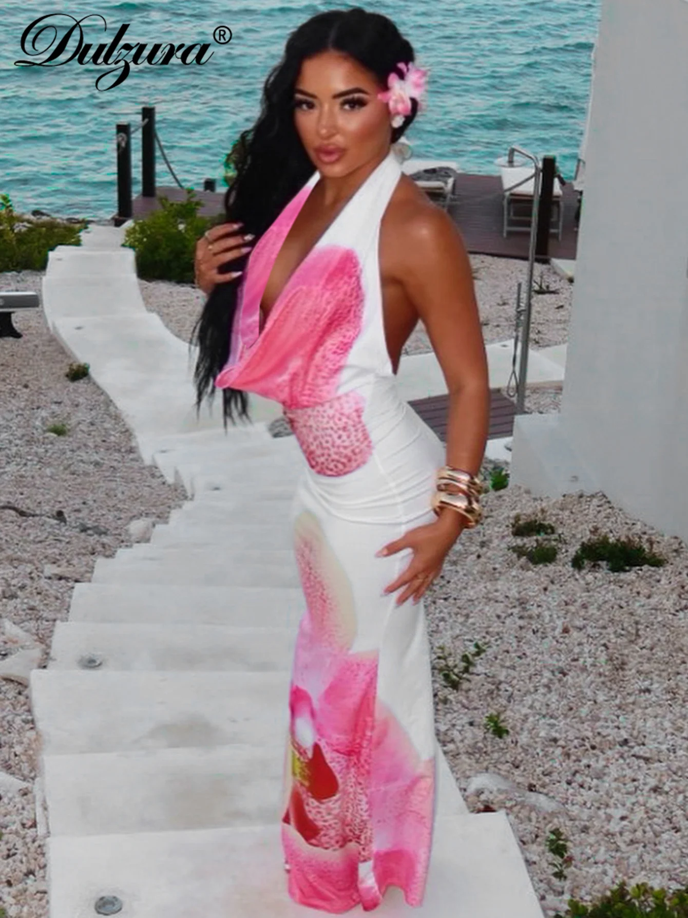 Dulzura col oscillant manches dos nu coupe ajustée à lacets imprimé robe longue Sexy élégant tenue décontractée fête Clubwear tenue d'été