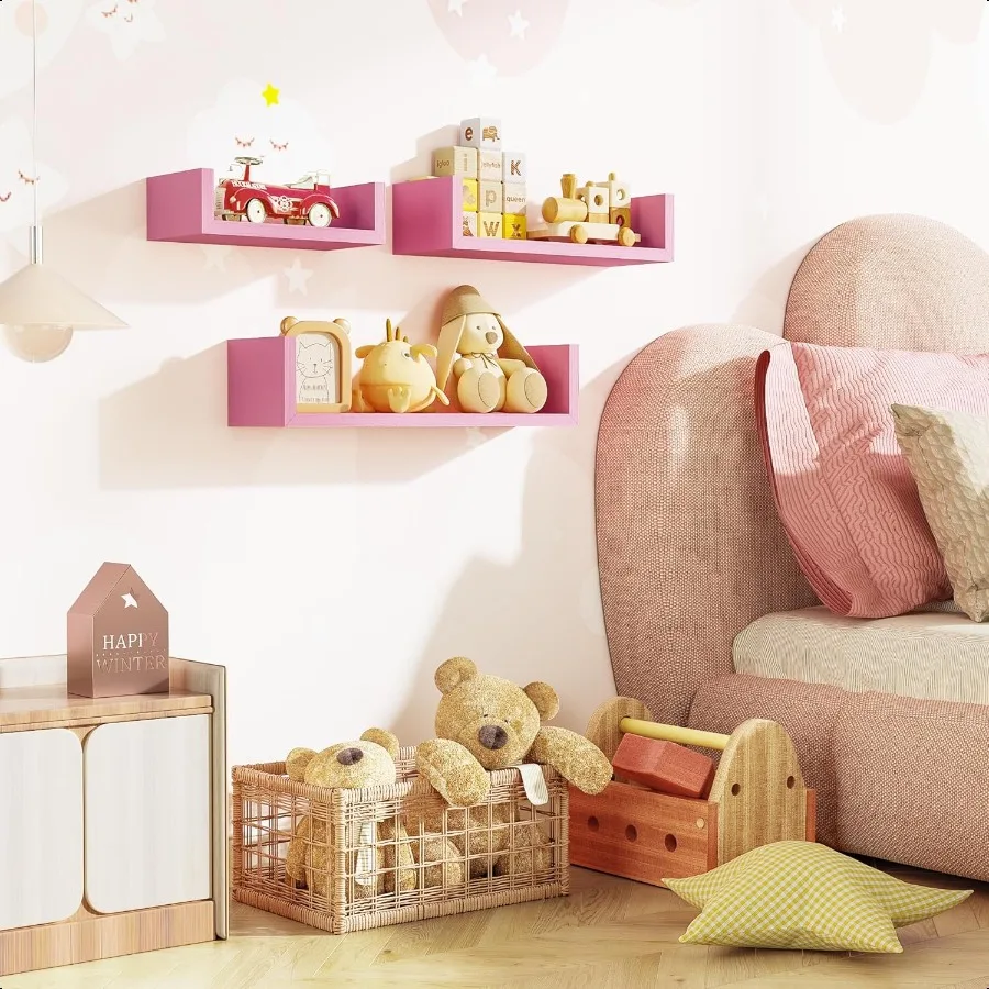 ชั้นวางของติดผนังไม้จริงสีชมพู