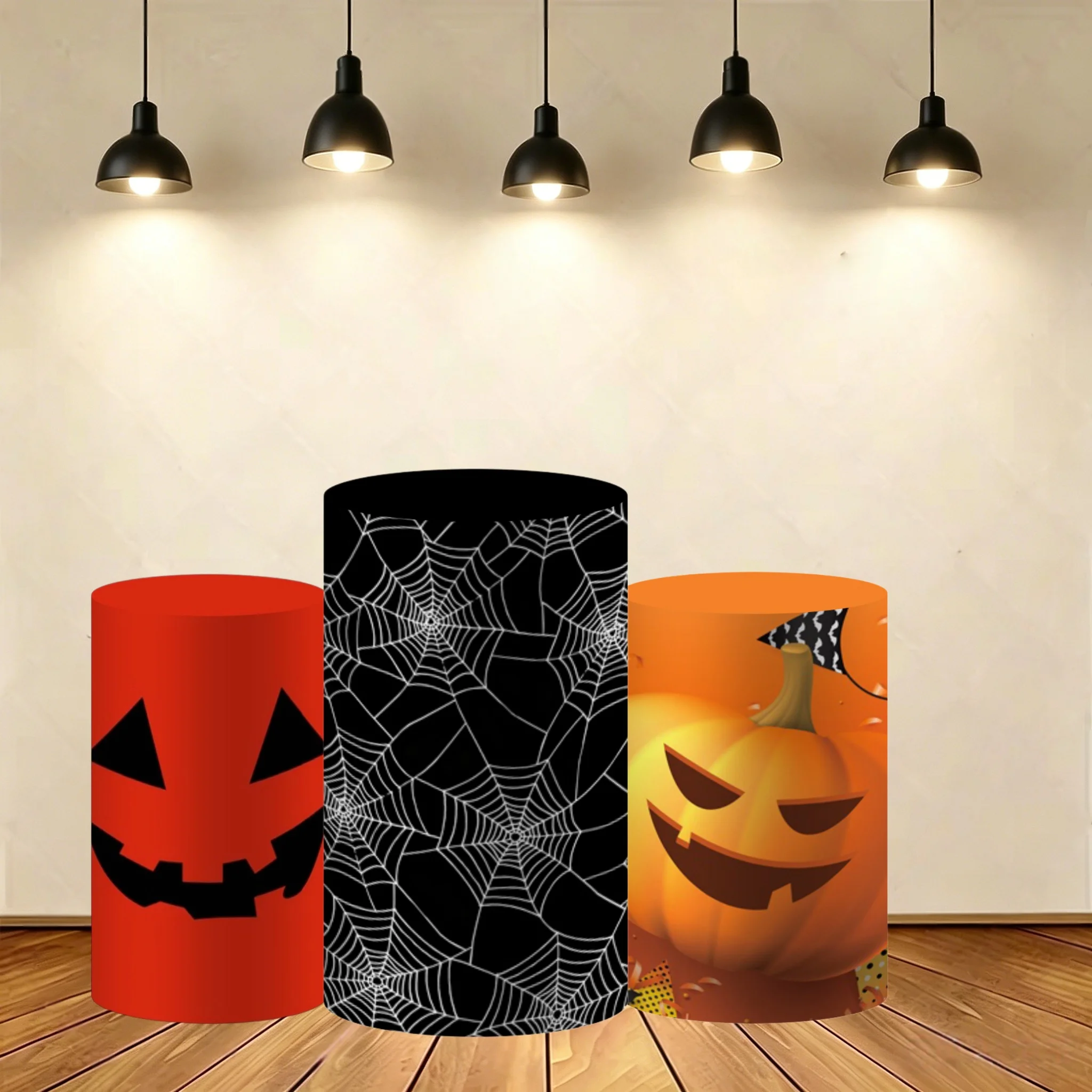 Halloween Pumpkin Cylinder Backdrop Cover Plinth Adult Kids Portrait  Halloween Party Cake Table Prop Elastic Background Decor