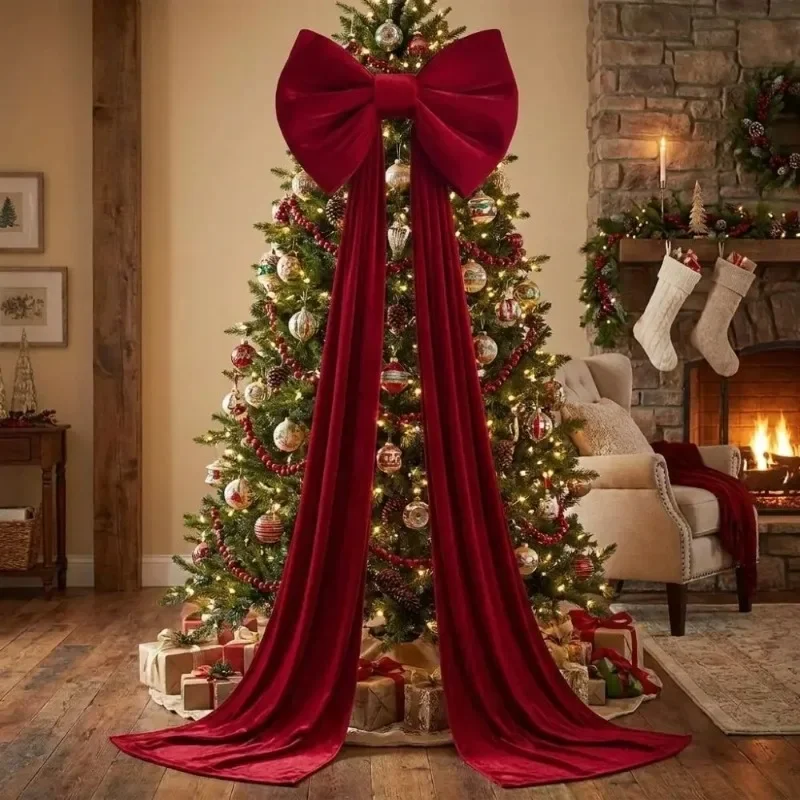 Christmas Tree Bow Topper Red Velvet Ribbon Christmas Decoration Holiday Xmas Ornament for Home Fireplace Mantel Party Decor