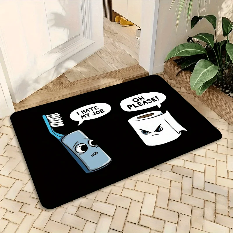 Funny Bathroom Doormat - Cartoon Toothbrush & Toilet Paper Entry Rug, Humorous Quote Floor Mat, Non-Slip, Multiple Sizes