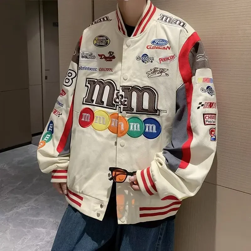 Chaqueta de béisbol de Color Patchwork estilo Harajuku, chaqueta holgada para motocicleta, ropa de abrigo informal para hombre, diseño bordado para otoño