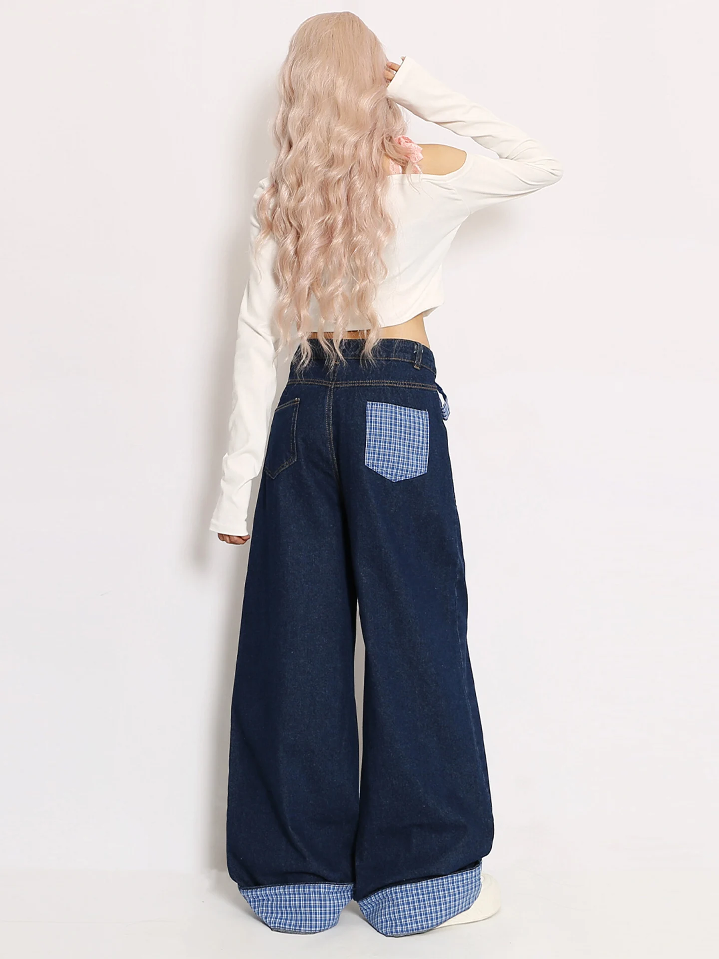 Cute Dog Bow Tie Embroidered Denim Pants High Waist Wide Leg Straight Cut Cuffed Casual Blue Jeans for Young Women Autumn