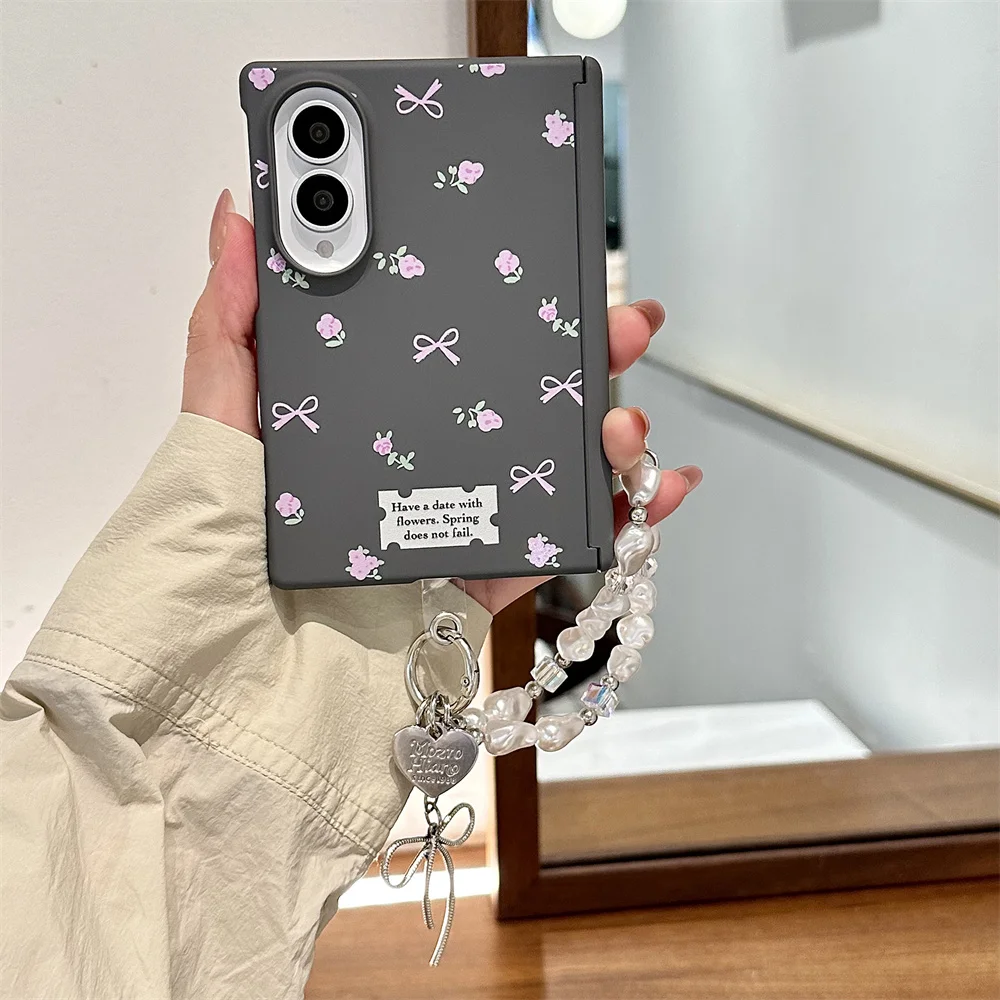 Korea cute bow tie girl grey Skin feel Phone Case for Samsung Galaxy Z Fold 8 Cover Shockproof Protective Chain Fold8 case