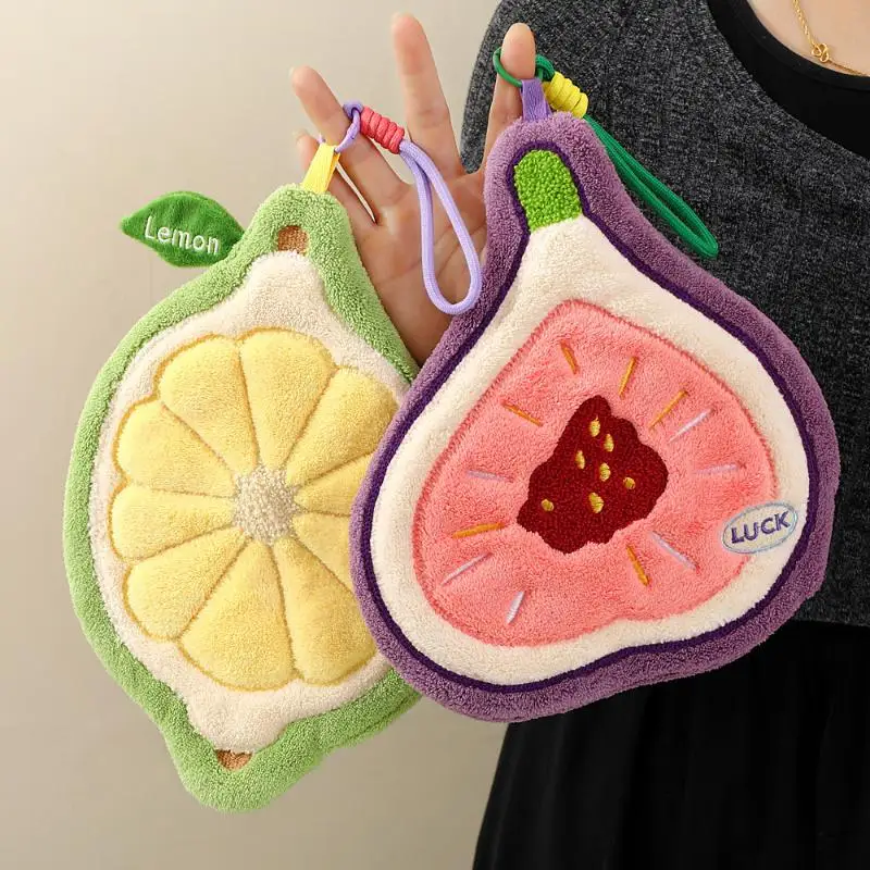 Cute Fruit Shaped Coral Fleece Hanging Hand Towels Strong Water Absorption Soft For Kitchen Bathroom Home Use
