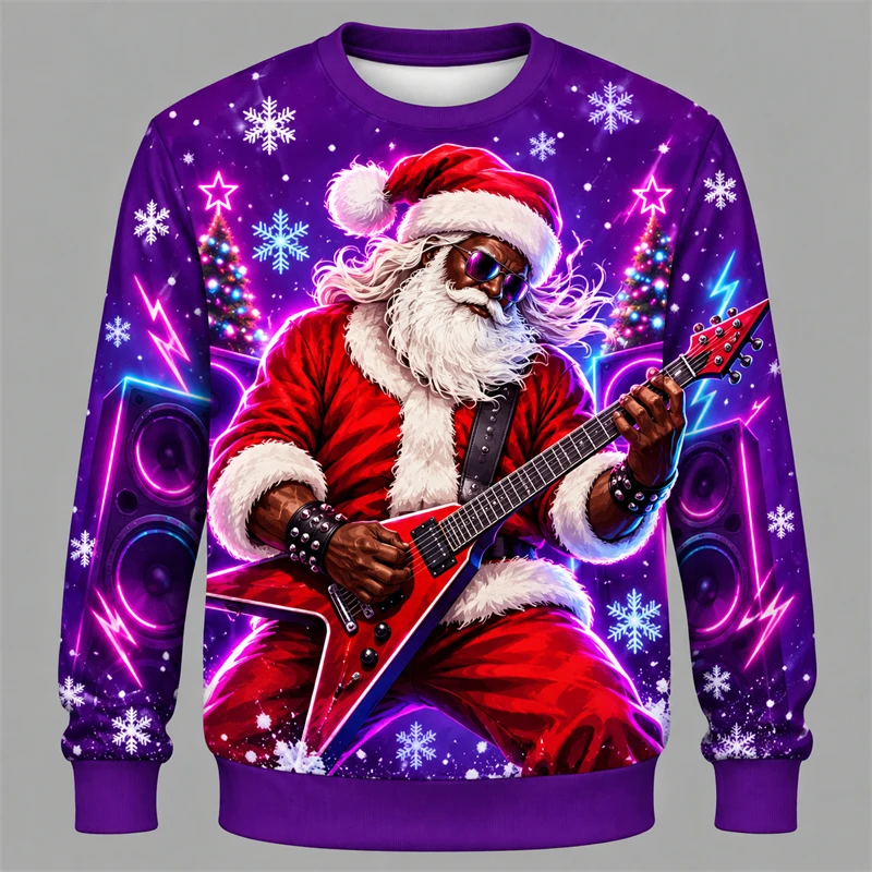 3D Print Rock Santa Guitar Graphic Men Ugly Christmas Sweater Unisex Crewneck Pullover Music Lover Holiday Sweatshirt Y2k Tops