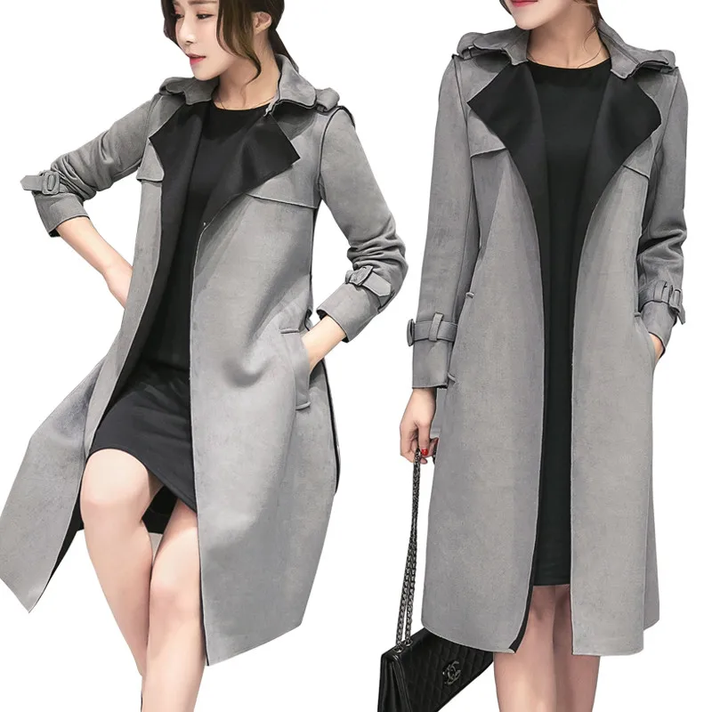 

Nice Autumn Suede Trench Coat For Women Cardigan Long Overcoat Loose Large Size Female Windbreak Casual With Belt Outwear R563