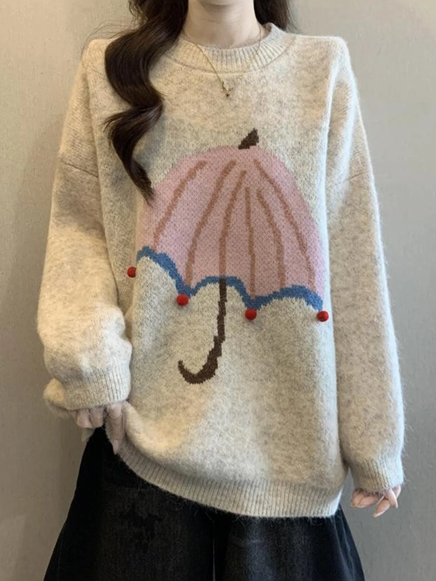 

Вязаный свитер с мультяшным принтом, утепленный, с круглым вырезом, зимний, свободный, женский, больших размеров, удобный, в стиле оверсайз, трикотажный топ