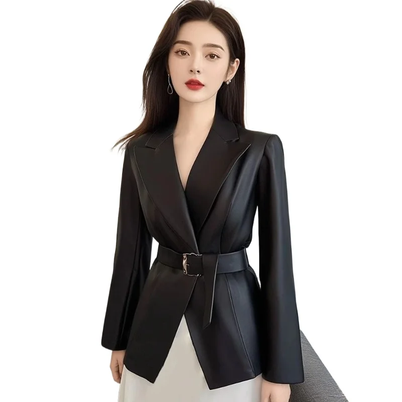 

Korean Wear High-end Atmospheric High-grade Top Light Luxury High-end Sense Versatile Black Suit Leather Jacket Women's Autumn
