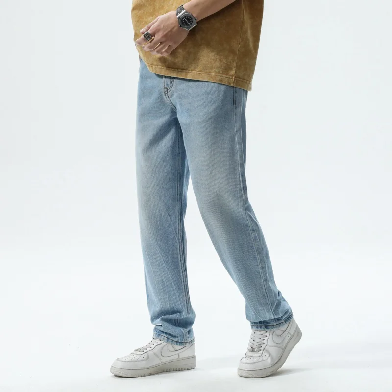 2024 spring and summer new light blue watermark vintage washed casual versatile cleanfit straight pants loose men's jeans