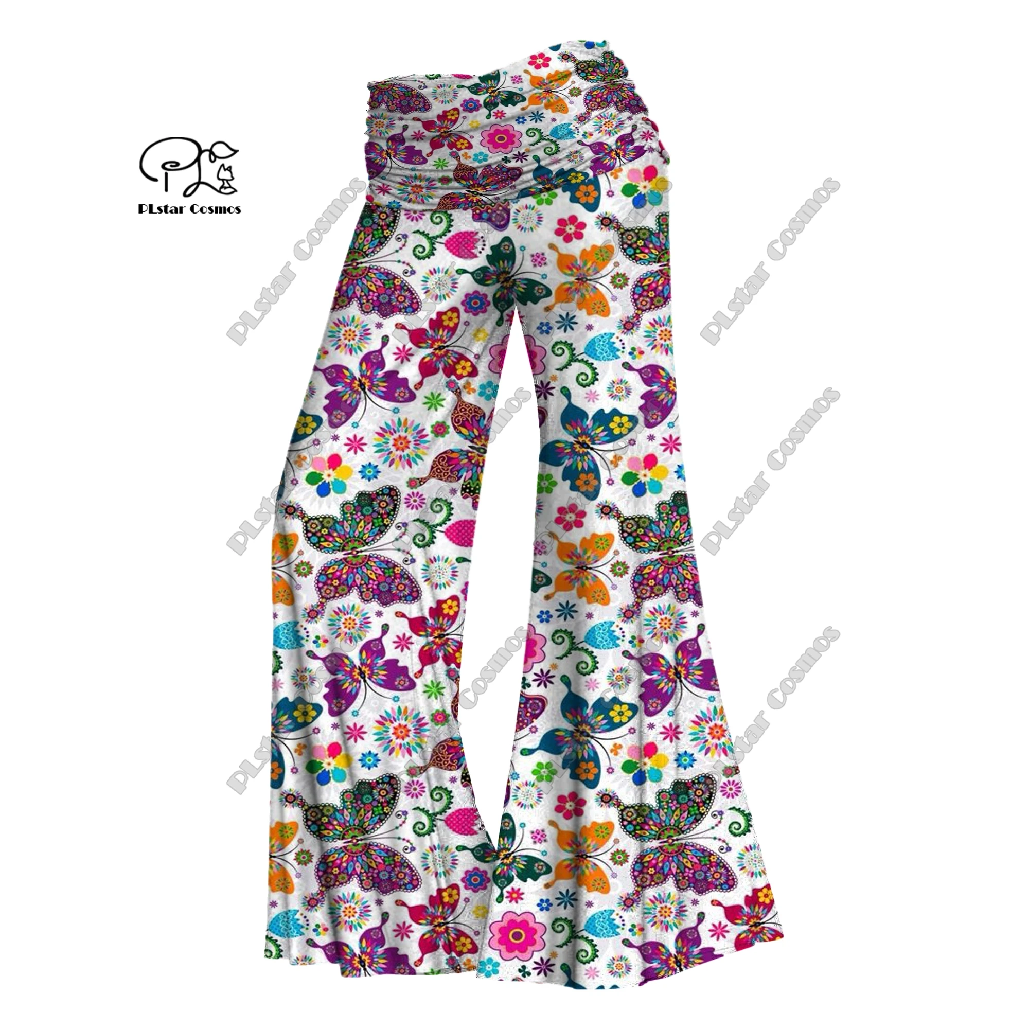 PLstar Cosmos 3D Printed Women's Colorful Butterfly Small Floral Wide Leg Pants Waist Folding Elastic Waist Pants Casual