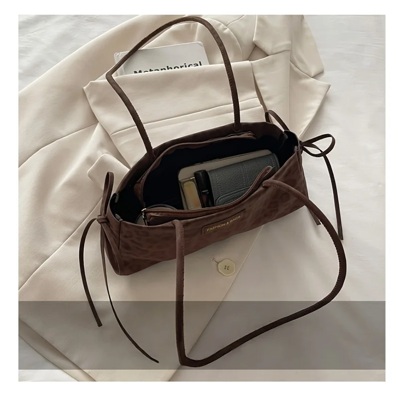 Ladies' Crossbody Bag, vintage Leopard Print Bow Shoulder Bag, Large Capacity Textured Commuting Bag image 6