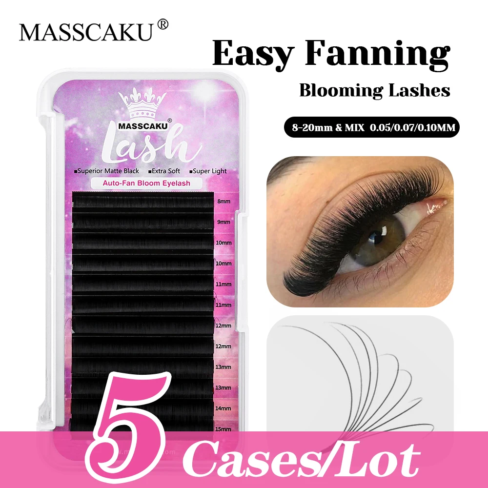 5cases/lot MASSCAKU 8-17mm and Mix Size Synthetic Hair Easy Fanning Lashes 3D Effect Multi-texture Auto Blooming Lash Supplies