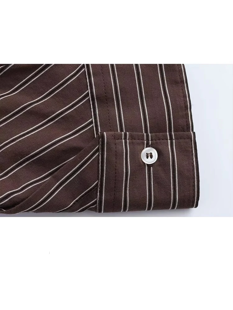 TRAFZA, blusas de otoño para mujer, camisas de calle femeninas de un solo pecho con botones de manga larga y cuello vuelto a rayas lisas a la moda