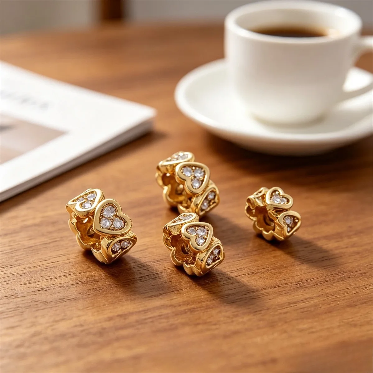 Brass 14K Gold Plated Anti-fade Zircon Heart Spacer Rings Love Circle Disc Beads DIY Bracelet Necklace Jewelry Findings