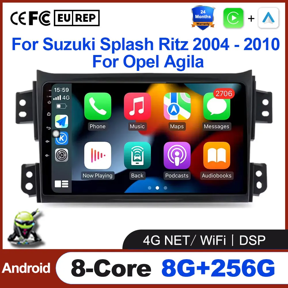 For Suzuki Splash Ritz 2004 - 2010 For Opel Agila Wireless CarPlay Android 16 Auto Car Video Player QLED Touch Screen Multimedia