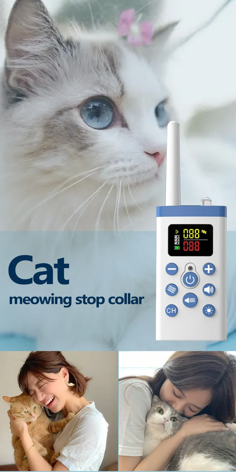 New Cat Stop Meowing Collar ,Cat bark Stopper With Remote Control ,Cat Vibration Collar, Cat Automatic Bark Trainer Pet Necklace