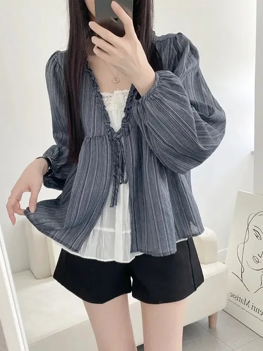 Chic Casual Loose Doll Shirt Versatile Lace-Up Blouse Early Autumn New Style Women's Fashionable Top with Lantern Sleeves