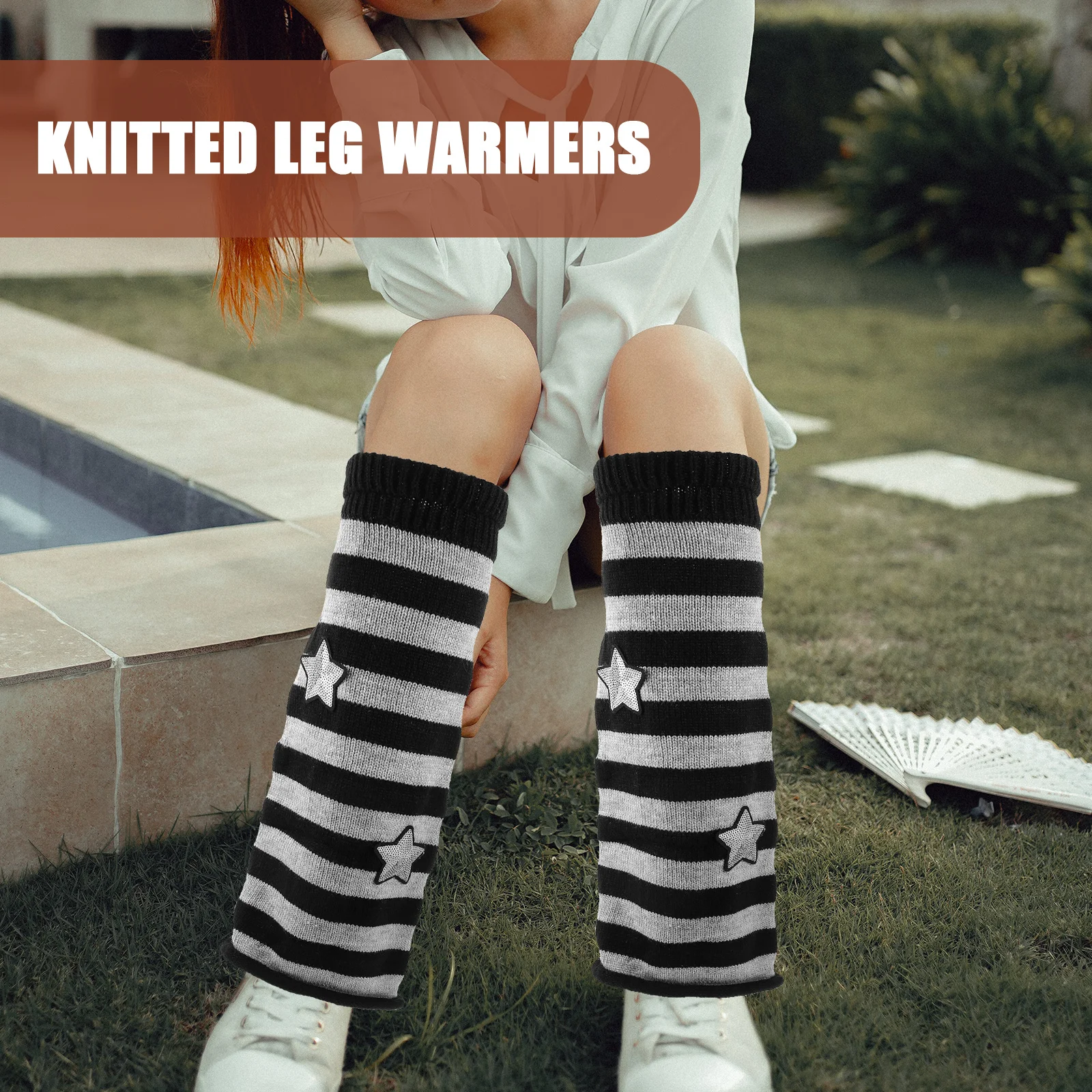 

1 Pair Star Knitted Leg Warmers Striped Design For Winter Women Warmth Slimming Effect Decorative Leggings Knit Leg Warmers For