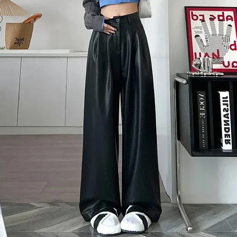 

2023 Fashion Casual High-waist Pu Straight Trousers Wide-leg Women Leather Pants Soft Autumn Elegant Loose Office Clothes 29388